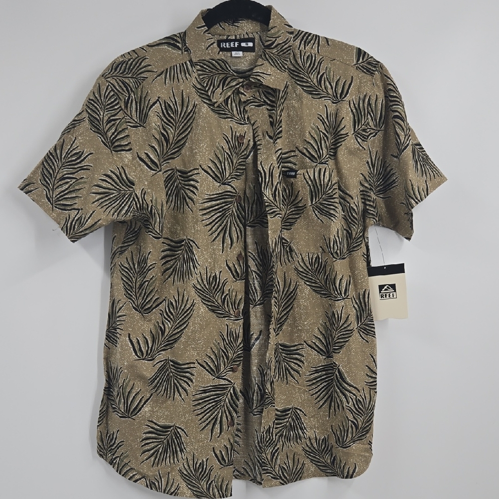 Reef Men's Brown Leaf Print Shirt NEW Small Button Down